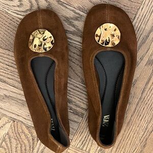 Zara Brown Suede Flats with Gold Detail - NEW no tags!